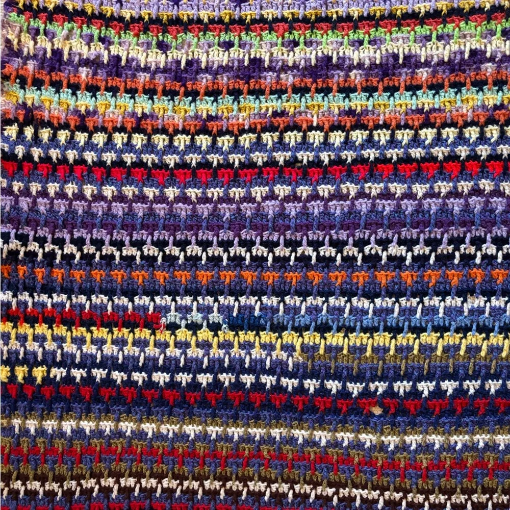 Rare Vintage 60s 70s Multicolor Crochet Afghan Psychedelic Scrappy Blanket Quilt